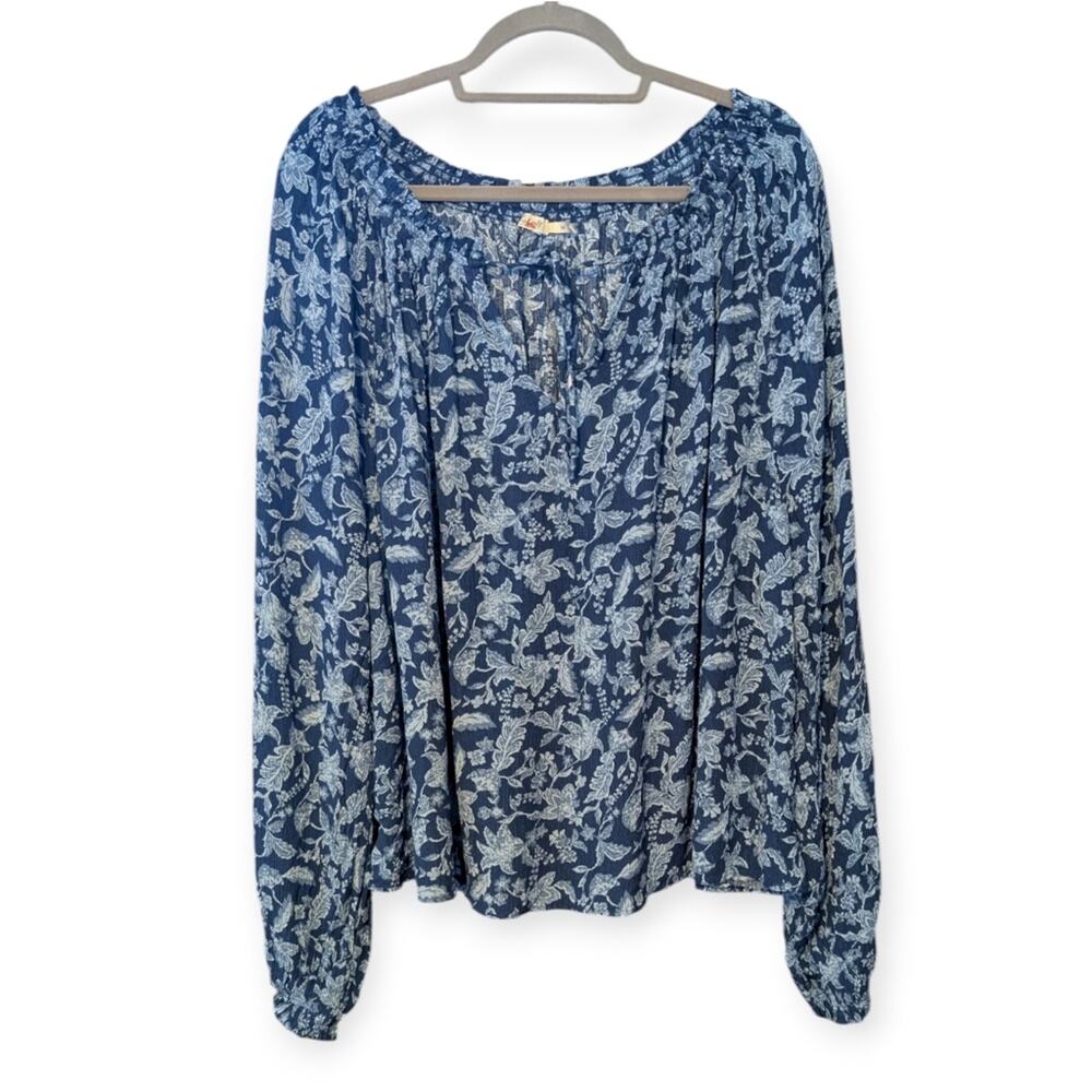 Faherty Blue Floral Long-Sleeve Peasant Blouse